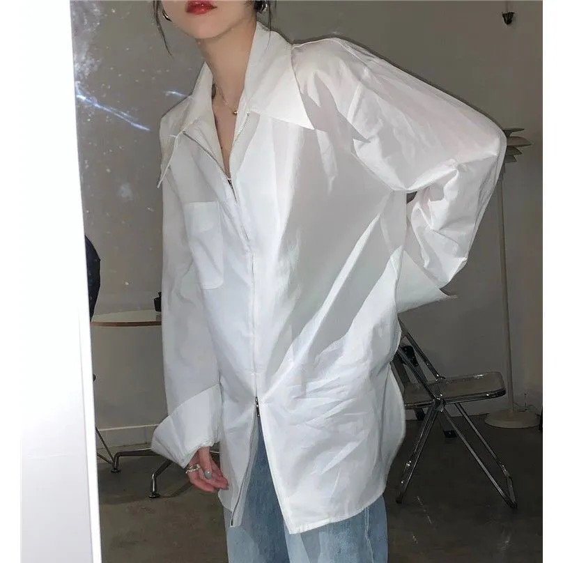 เสื้อเชิ้ตแขนยาวมีซิปผู้หญิง สีพื้น oversize เสื้อผ้าแฟชั่นสาวอวบราคาส่ง เสื้อโอเวอร์ไซส์เกาหลี สีขาวไซส์ใหญ่