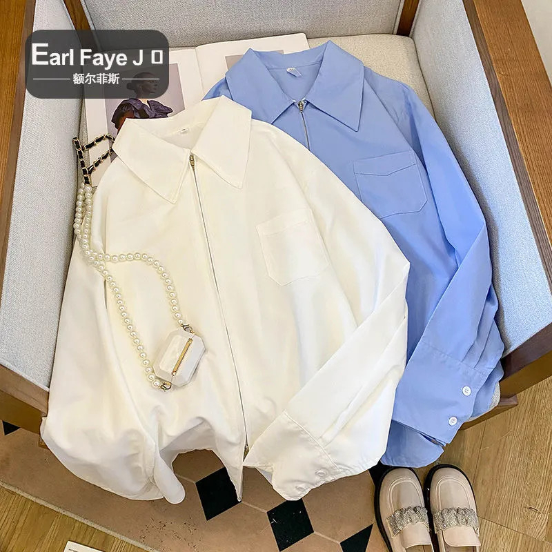 เสื้อเชิ้ตแขนยาวมีซิปผู้หญิง สีพื้น oversize เสื้อผ้าแฟชั่นสาวอวบราคาส่ง เสื้อโอเวอร์ไซส์เกาหลี สีขาวไซส์ใหญ่