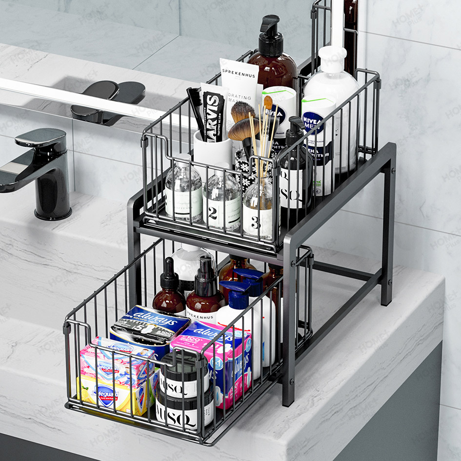 Homeplus ชั้นวางของใต้อ่างล้างจาน ชั้นวางอเนกประสงค์สำหรับห้องครัว สแตนเลส สีดำ สีขาว ชั้นเก็บของ ชั้นวางของเลื่อนได้