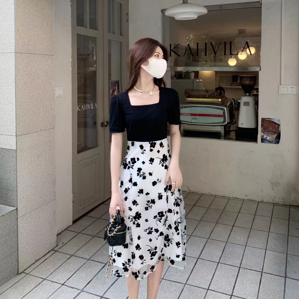 summer black dress แฟชั่น เดรสลายดอกไม้ เสื้อผ้าแฟชั่นผู้หญิง กระโปรงทรงเอยาว เพิ่มขนาด สีดํา ผู้หญิง ชุดเดรสผู้หญิง