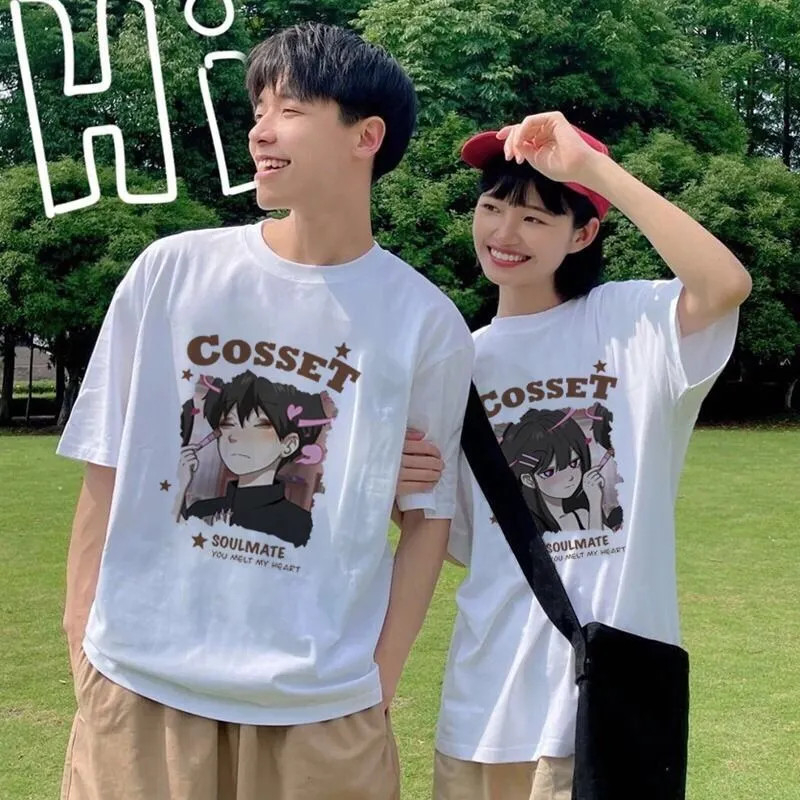 เสื้อยืดคู่รักชายหญิงน่ารักoversize แขนสั้นสไตล์เกาหลี เสื้อผ้าแฟชั่นวัยรุ่น เสื้อโอเวอร์ไซส์ผู้หญิงสกรีนลายวินเทจ xxl