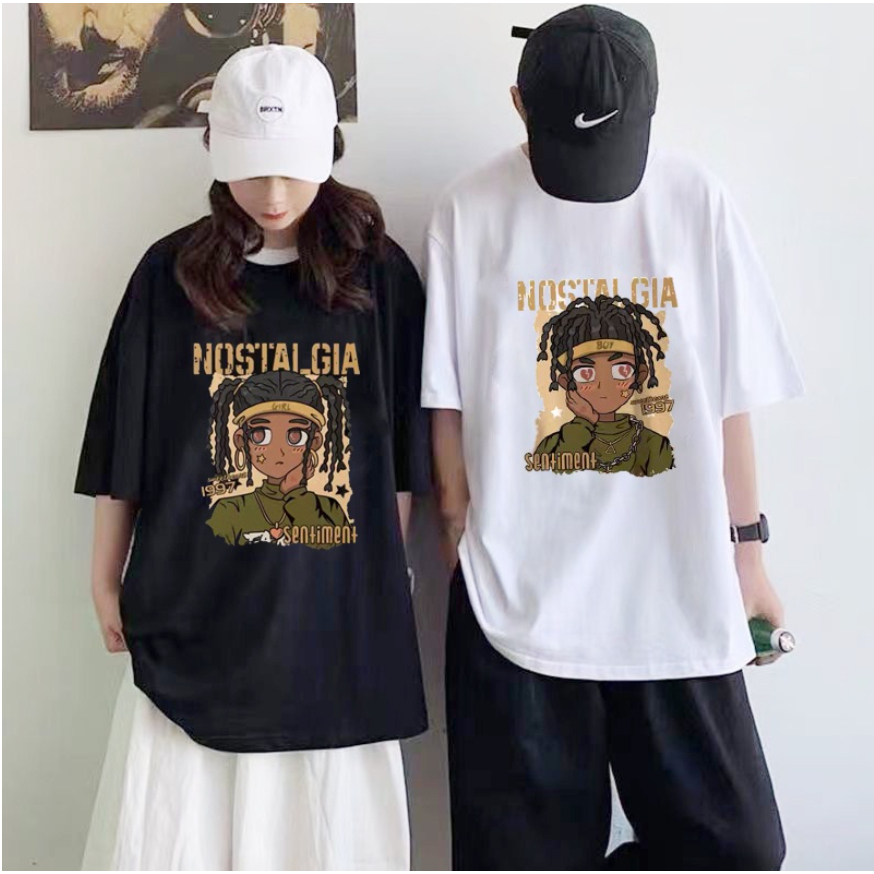 เสื้อคู่รักชายหญิงน่ารัก Oversize เสื้อผ้าแฟชั่นวัยรุ่น เสื้อยืดครอปโอเวอร์ไซส์ผู้หญิง สกรีนลายวินเทจ ที่ฮิตๆแขนสั้น