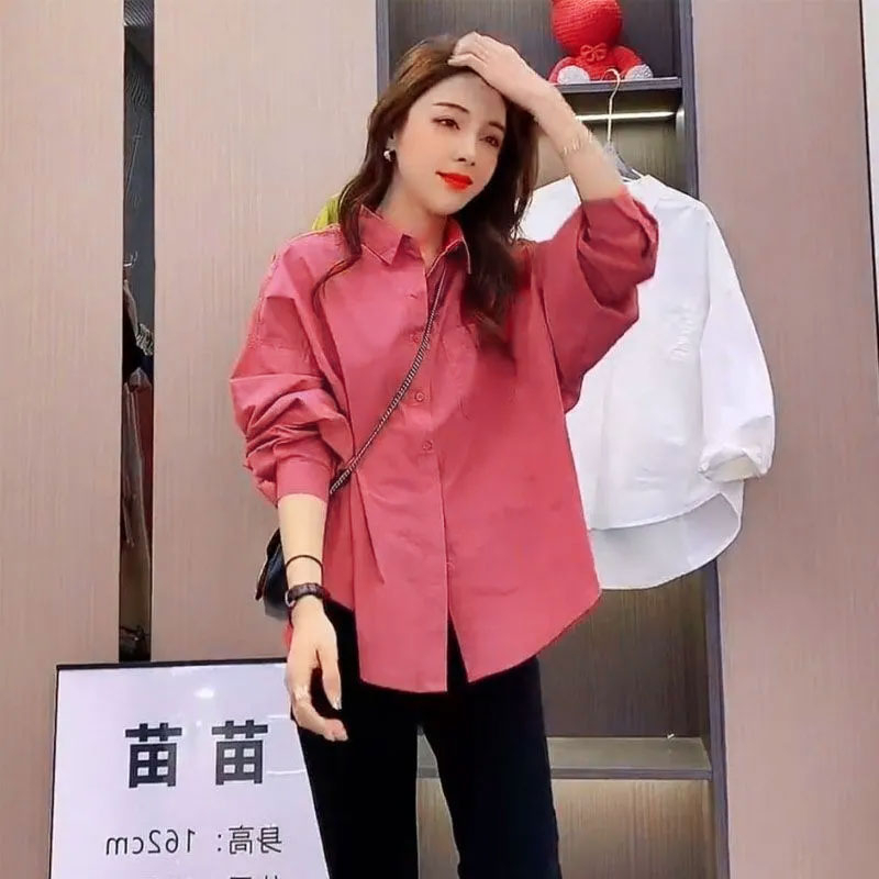 เสื้อเชิ้ตทรงหลวมแขนยาวผู้หญิง oversize เสื้อผ้าแฟชั่นเกาหลี เนื้อผ้าดีสวยใส่แมทช์ง่ายสไตล์เกาหลี เสื้อโอเวอร์ไซสสีพื้น