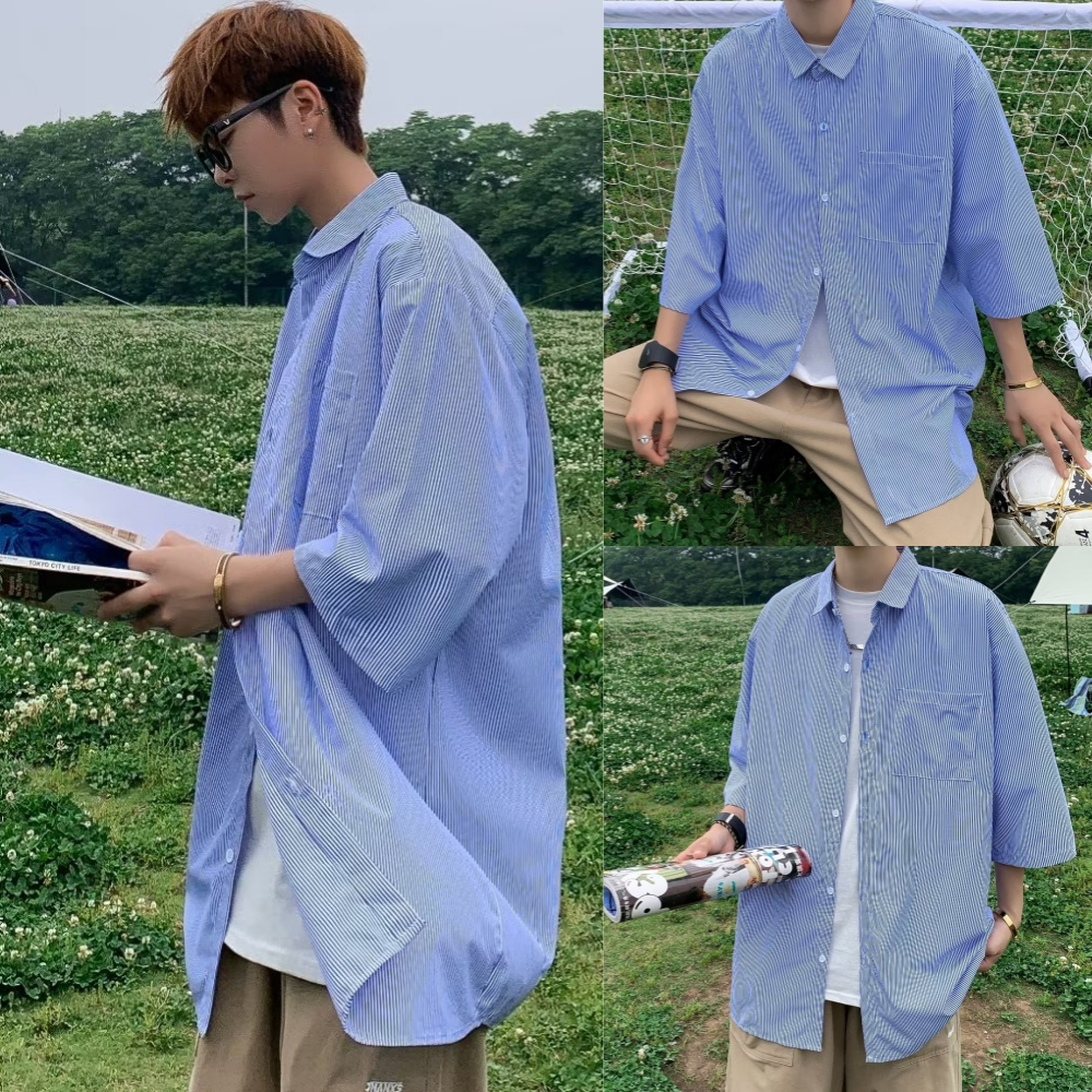 MMAC408 เสื้อเชิ้ตลายทางผู้ชาย แขนสั้นไหล่ตก oversize เสื้อสไตล์สตรีทเกาหลีฤดูร้อน ผ้านิ่ม คอปก MXXL สีฟ้า