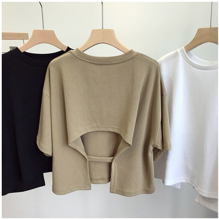 เสื้อครอปสีขาวแขนสั้นสไตล์เกาหลีoversizeเสื้อผ้าแฟชั่นวัยรุ่นน่ารักเสื้อยืดเปลือยหลังสีพื้นผู้หญิงฤดูร้อนใหม่XXL