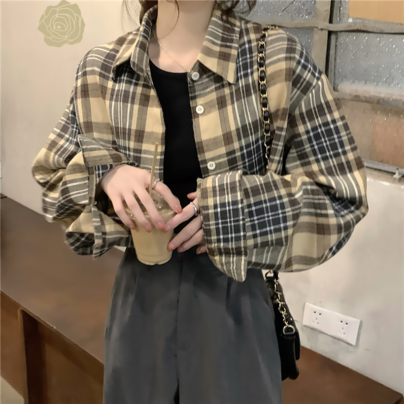 เสื้อเชิ้ตแขนยาว ลายสก๊อต สไตล์เกาหลี สไตล์วินเทจ ฟชั่น เสื้อผ้าแฟชั่นผู้หญิง