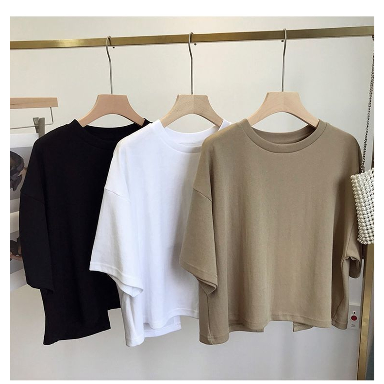 เสื้อครอปสีขาวแขนสั้นสไตล์เกาหลีoversizeเสื้อผ้าแฟชั่นวัยรุ่นน่ารักเสื้อยืดเปลือยหลังสีพื้นผู้หญิงฤดูร้อนใหม่XXL