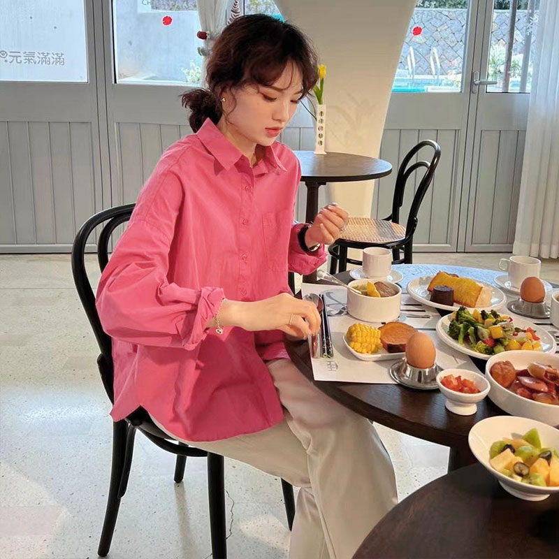 เสื้อเชิ้ตทรงหลวมแขนยาวผู้หญิง oversize เสื้อผ้าแฟชั่นเกาหลี เนื้อผ้าดีสวยใส่แมทช์ง่ายสไตล์เกาหลี เสื้อโอเวอร์ไซสสีพื้น