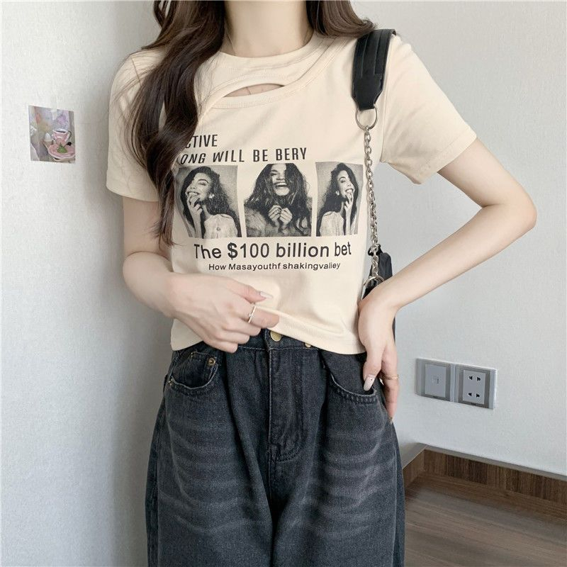 เสื้อครอปรัดรูปแขนสั้น น่ารักๆ เซ็กซี่ เสื้อผ้าแฟชั่นผู้หญิงเกาหลี2023 เสื้อเอวลอยสาวอวบ vintage style พิมพ์ลาย พร้อมส่ง