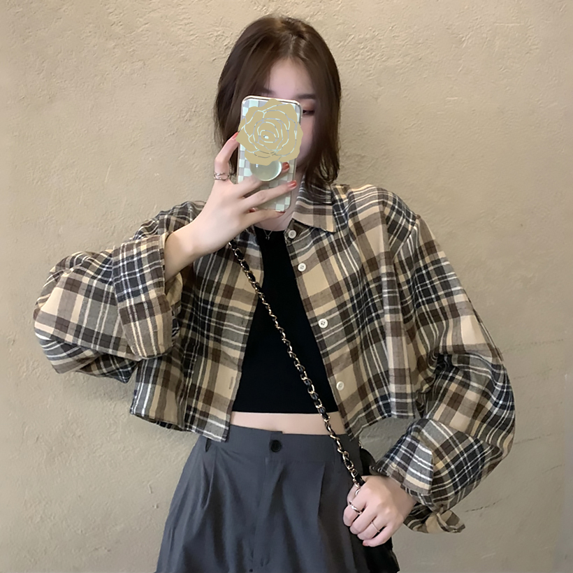 เสื้อเชิ้ตแขนยาว ลายสก๊อต สไตล์เกาหลี สไตล์วินเทจ ฟชั่น เสื้อผ้าแฟชั่นผู้หญิง