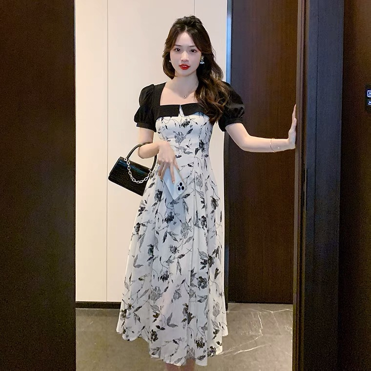 summer black dress แฟชั่น เดรสลายดอกไม้ เสื้อผ้าแฟชั่นผู้หญิง กระโปรงทรงเอยาว เพิ่มขนาด สีดํา ผู้หญิง ชุดเดรสผู้หญิง