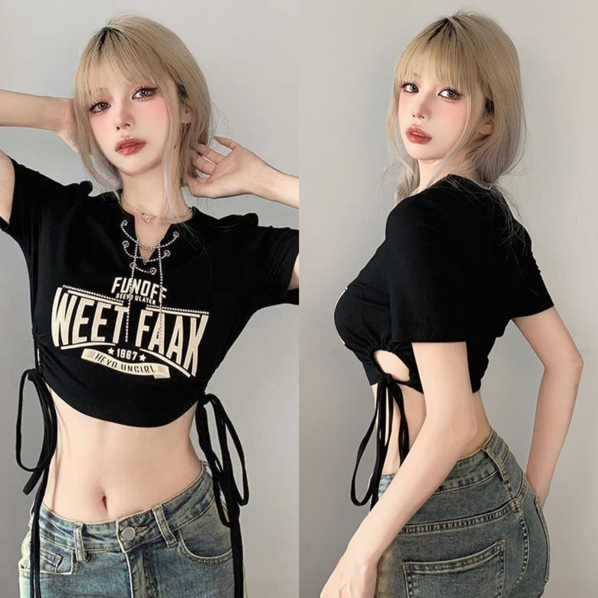 เสื้อครอป เสื้อผ้าแฟชั่นผู้หญิง ทรงสลิมฟิต ที่เอวมีสายเชือก2เส้น ออกเเบบพิเศษ 150236