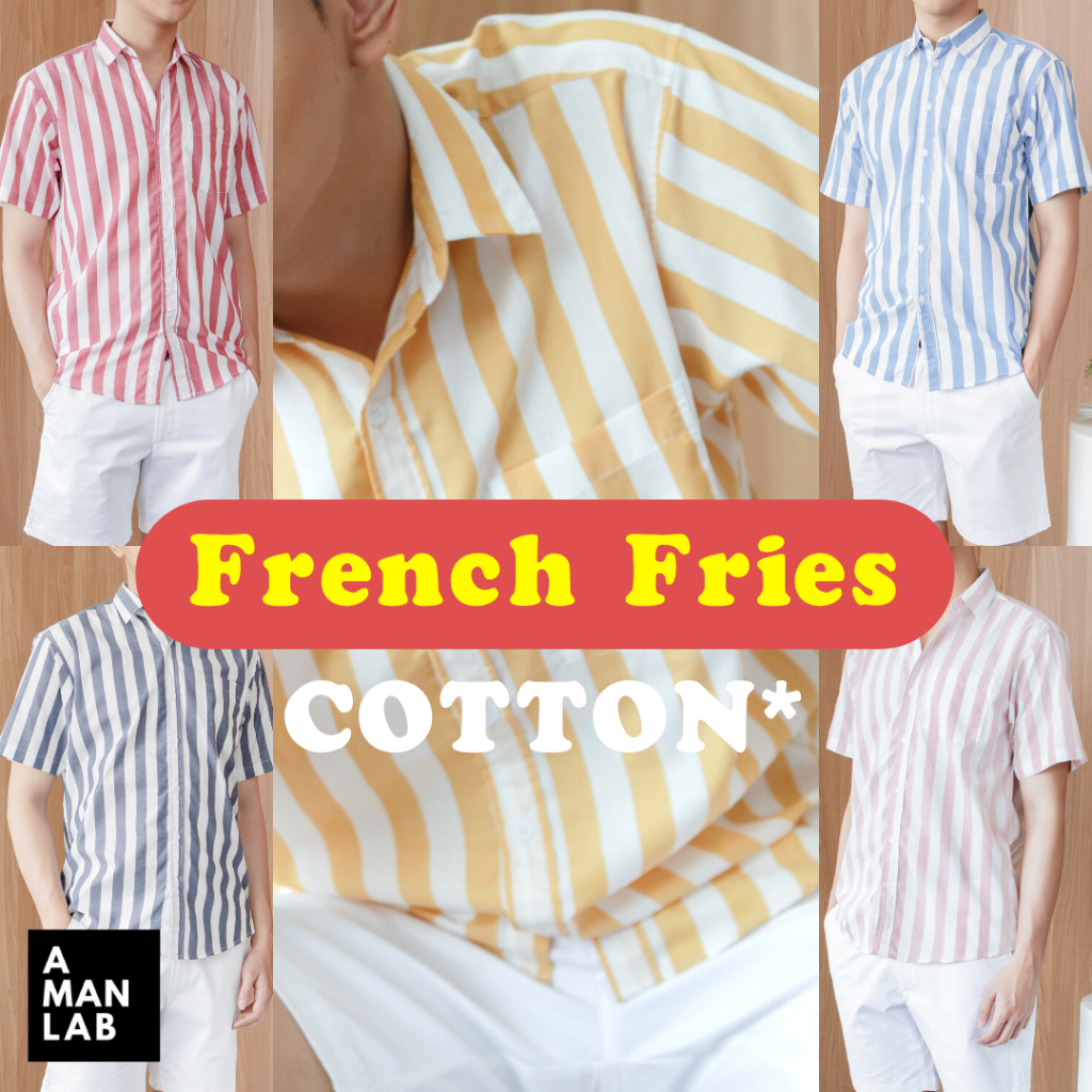 เสื้อเชิ้ตแขนสั้นผู้ชาย COTTON สไตล์เกาหลี FRENCH FRIES  A MAN LAB เสื้อเชิ้ต ผู้ชาย แขนสั้น เสื้อผู้ชาย ฮาวาย