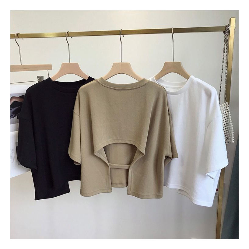 เสื้อครอปสีขาวแขนสั้นสไตล์เกาหลีoversizeเสื้อผ้าแฟชั่นวัยรุ่นน่ารักเสื้อยืดเปลือยหลังสีพื้นผู้หญิงฤดูร้อนใหม่XXL
