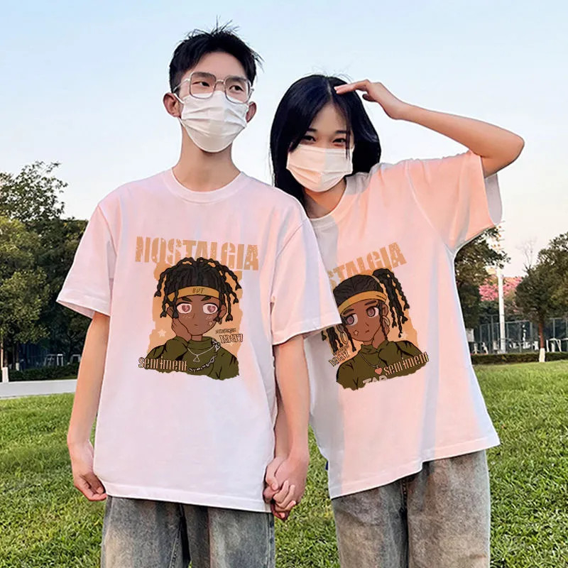 เสื้อคู่รักชายหญิงน่ารัก Oversize เสื้อผ้าแฟชั่นวัยรุ่น เสื้อยืดครอปโอเวอร์ไซส์ผู้หญิง สกรีนลายวินเทจ ที่ฮิตๆแขนสั้น