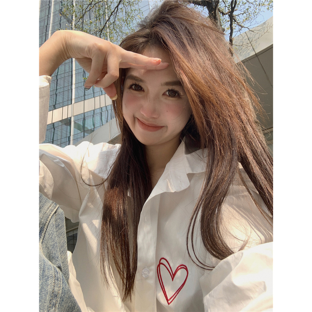 PB2976เสื้อเชิ้ตแขนยาวลายหัวใจงานปักผู้หญิงสีขาวเรียบง่าย oversize เสื้อผ้าแฟชั่นเกาหลีวินเทจ เนื้อผ้านุ่มบางเบา