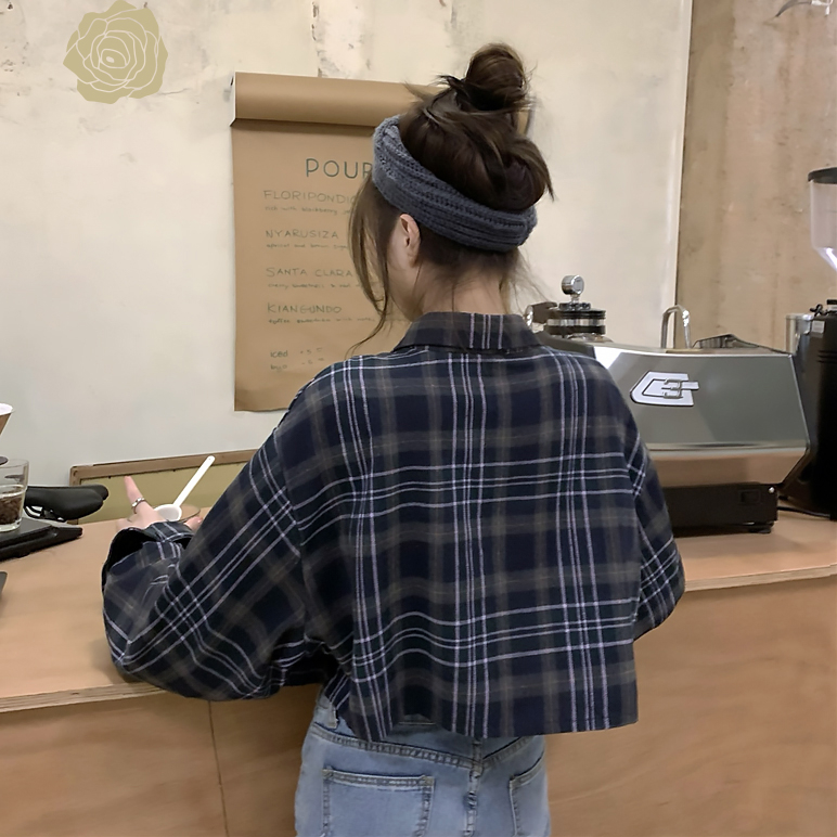 เสื้อเชิ้ตแขนยาว ลายสก๊อต สไตล์เกาหลี สไตล์วินเทจ ฟชั่น เสื้อผ้าแฟชั่นผู้หญิง