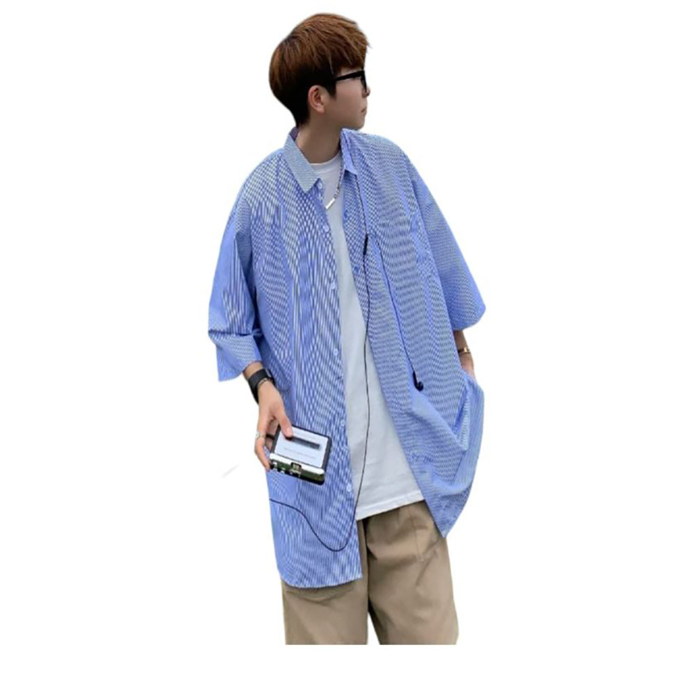 MMAC408 เสื้อเชิ้ตลายทางผู้ชาย แขนสั้นไหล่ตก oversize เสื้อสไตล์สตรีทเกาหลีฤดูร้อน ผ้านิ่ม คอปก MXXL สีฟ้า