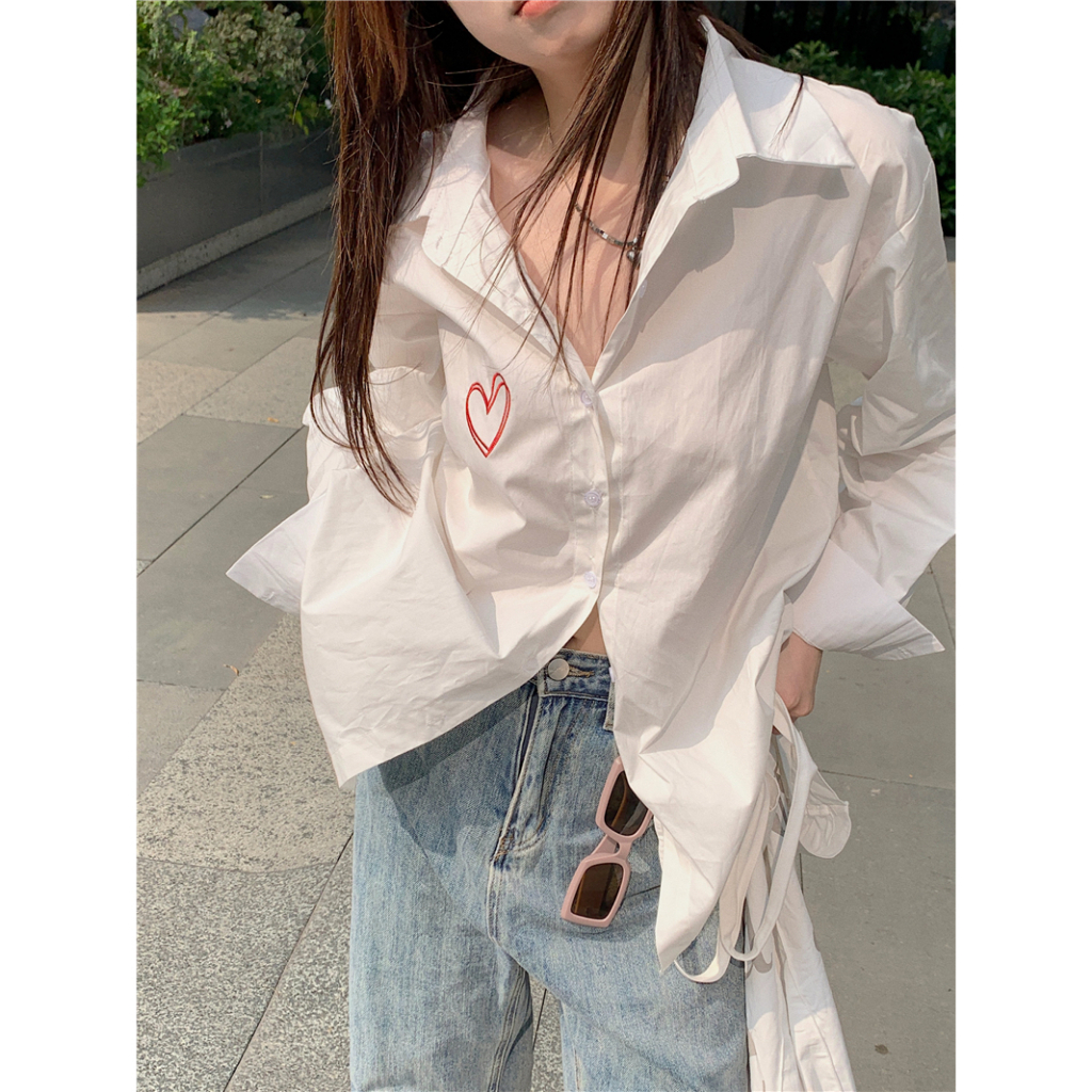 PB2976เสื้อเชิ้ตแขนยาวลายหัวใจงานปักผู้หญิงสีขาวเรียบง่าย oversize เสื้อผ้าแฟชั่นเกาหลีวินเทจ เนื้อผ้านุ่มบางเบา
