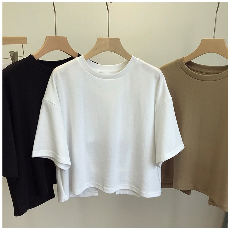 เสื้อครอปสีขาวแขนสั้นสไตล์เกาหลีoversizeเสื้อผ้าแฟชั่นวัยรุ่นน่ารักเสื้อยืดเปลือยหลังสีพื้นผู้หญิงฤดูร้อนใหม่XXL