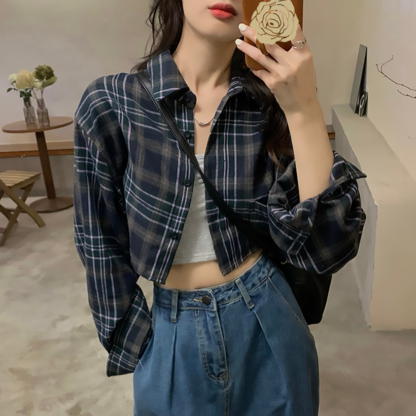 เสื้อเชิ้ตแขนยาว ลายสก๊อต สไตล์เกาหลี สไตล์วินเทจ ฟชั่น เสื้อผ้าแฟชั่นผู้หญิง
