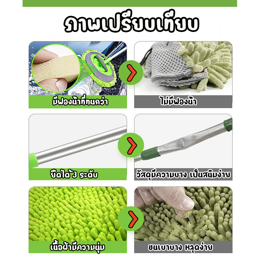 ไม้ถูรถสีเขียว ยืดได้ 3 ระดับ อเนกประสงค์ ยาวระหว่าง 60115cm ไม้ม็อบไมโครไฟเบอร์ สีเขียว พร้อมส่ง