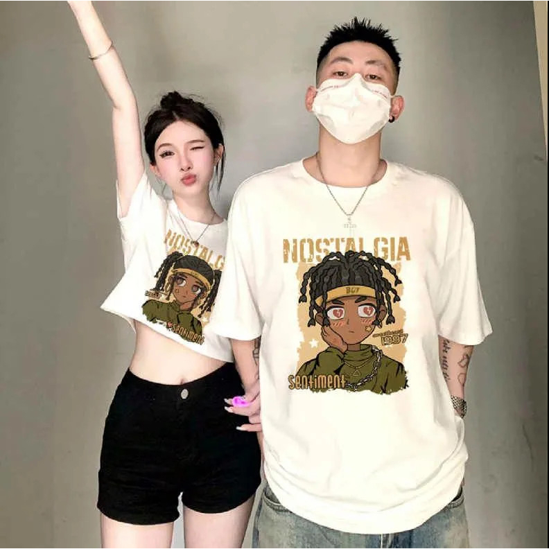 เสื้อคู่รักชายหญิงน่ารัก Oversize เสื้อผ้าแฟชั่นวัยรุ่น เสื้อยืดครอปโอเวอร์ไซส์ผู้หญิง สกรีนลายวินเทจ ที่ฮิตๆแขนสั้น