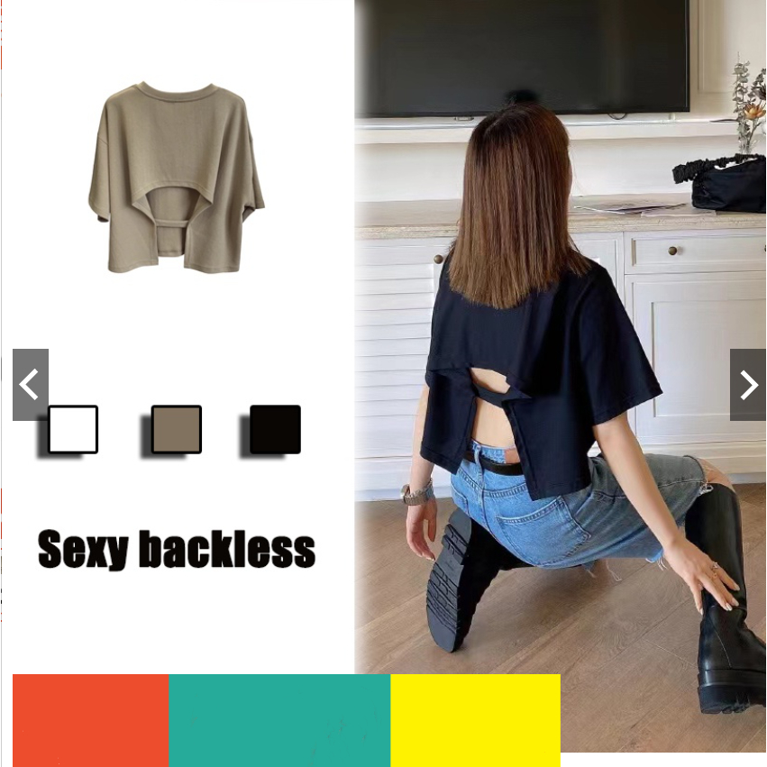 เสื้อครอปสีขาวแขนสั้นสไตล์เกาหลีoversizeเสื้อผ้าแฟชั่นวัยรุ่นน่ารักเสื้อยืดเปลือยหลังสีพื้นผู้หญิงฤดูร้อนใหม่XXL