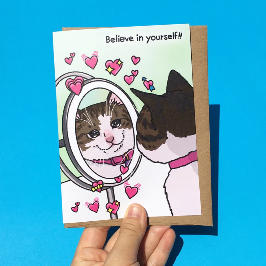 การ์ดให้กำลังใจ Believe In Yourself การ์ดลายตลก กวนๆ น่ารัก การ์ดบอกรัก ลายแมว | Funny encouragement card, love yourself — ของมงคลหมวดไลฟ์สไตล์และของขวัญ