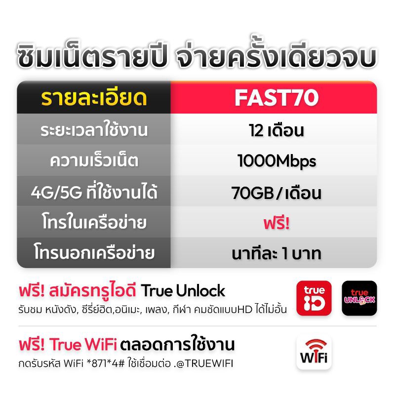 ซิมเน็ตรายปี True 5G ซิมเทพ ทรู FAST 70 1Gbps เน็ตเต็มสปีด 70GB ต่อเดือน โทรฟรีทรู เลือกเบอร์ได้