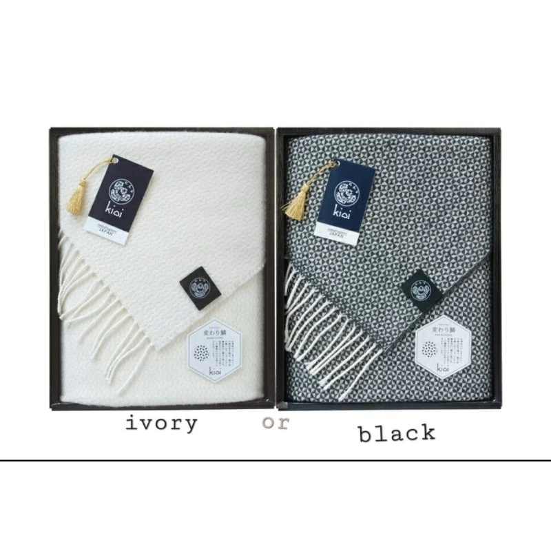 (1ผืน เลือกสี) Kioi Ise Katagami Edo Style Wool & Cotton Throw ลายมงคล พันคอ คลุมตัก ไหล่ BK สีดำหรือIvoryใช้ได้ทุกฤดู — ของมงคลหมวดสีมงคล