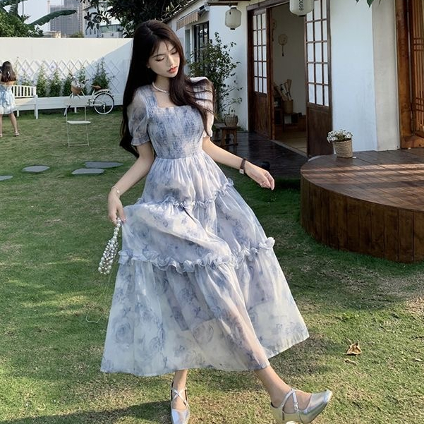 summer black dress แฟชั่น เดรสลายดอกไม้ เสื้อผ้าแฟชั่นผู้หญิง กระโปรงทรงเอยาว เพิ่มขนาด สีดํา ผู้หญิง ชุดเดรสผู้หญิง