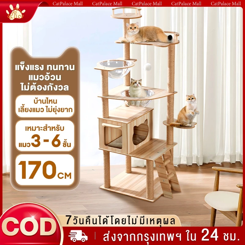 คอนโดแมว ไม้แมวคอนโดแมว บ้านแมว รวมถึงแคปซูลอวกาศโปร่งใสเหมาะสำหรับเลี้ยงน้องแมว 3-5ตัว เสาลับเล็บ ขนาดใหญ่ สูง170CM