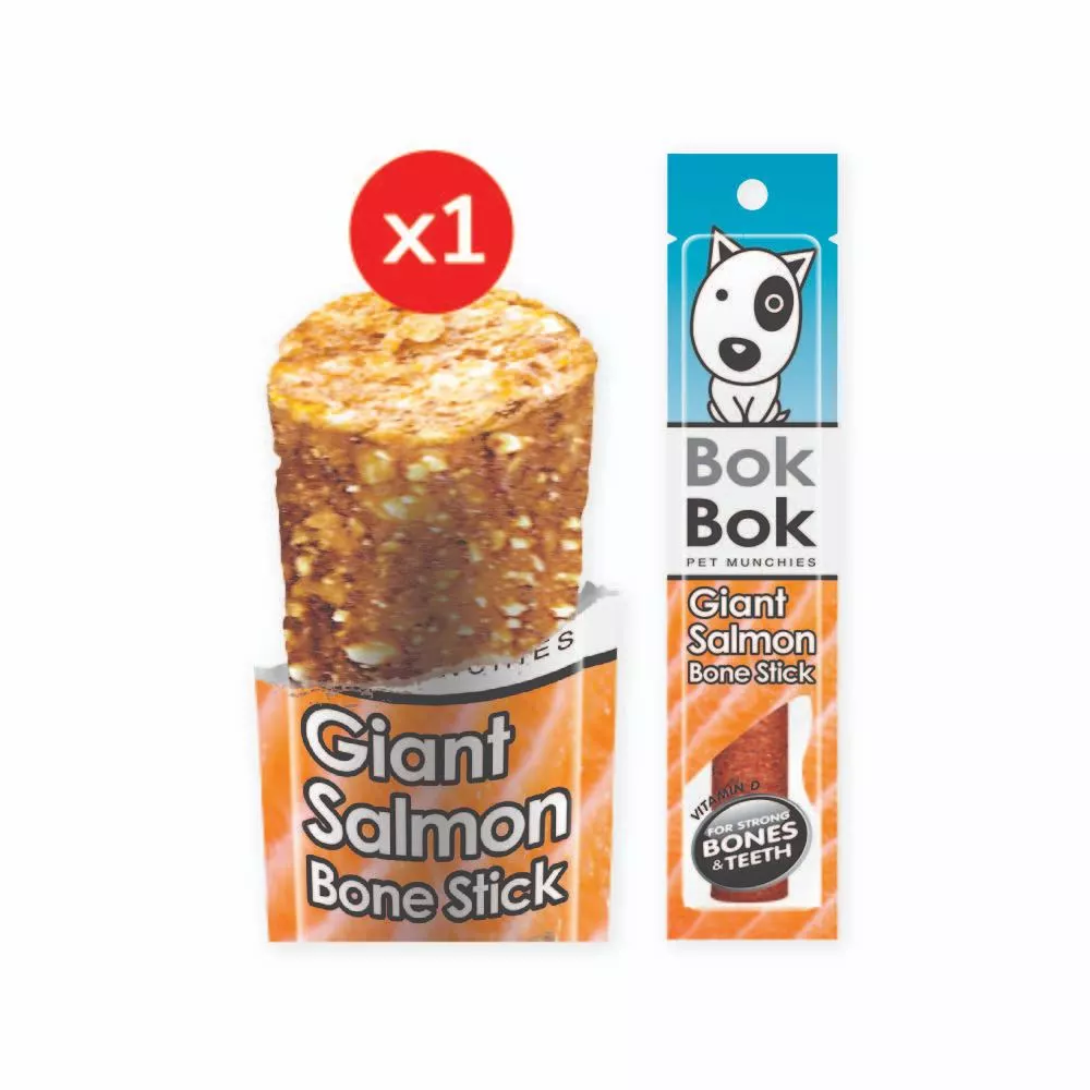 Bok Bok ขนมน้องหมา ไจแอ้นแซลมอน ขนมน้องหมาทำจากเนื้อปลาแซลมอน 1 แท่ง เหมาะสำหรับสุนัขทุกสายพันธุ์ ทำจากเนื้อปลาแท้