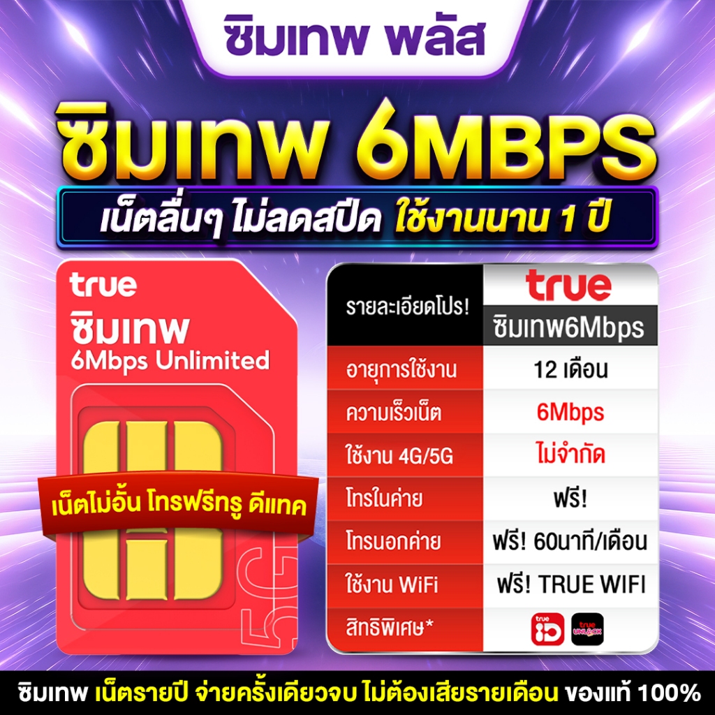 TRUEซิมเทพ 6Mbps Sim net Unlimited  ซิมเน็ตไม่ต้องเติมเงิน โทรฟรีไม่อั้นค่ายทรู TrueID Wifi Free เทพ