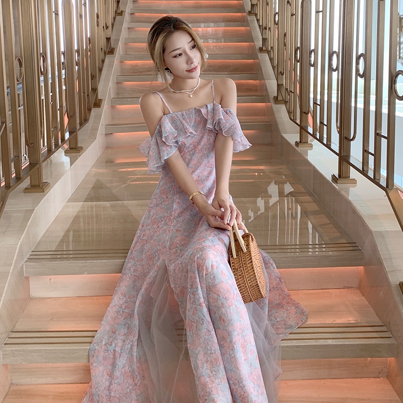 summer black dress แฟชั่น เดรสลายดอกไม้ เสื้อผ้าแฟชั่นผู้หญิง กระโปรงทรงเอยาว เพิ่มขนาด สีดํา ผู้หญิง ชุดเดรสผู้หญิง