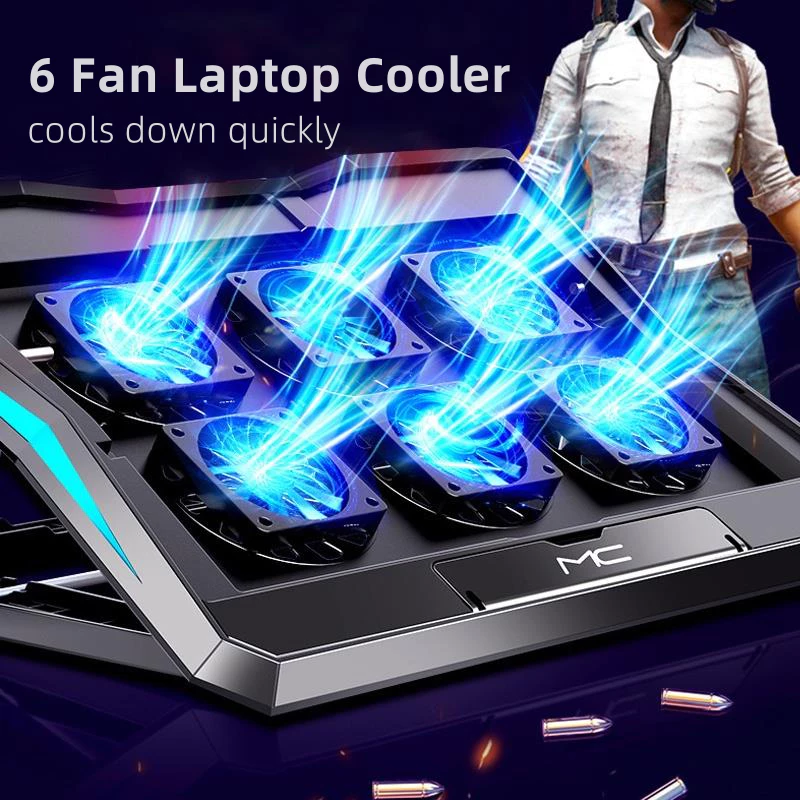 แท่นวางโน๊ตบุ๊ค Cooling pad notebook พัดลมโน๊ตบุ๊ค ลมแรง Laptop stand Cooler Pad 6ใบพัด ไฟสีฟ้าสวยๆ 9-17"พัดลมระบายความร