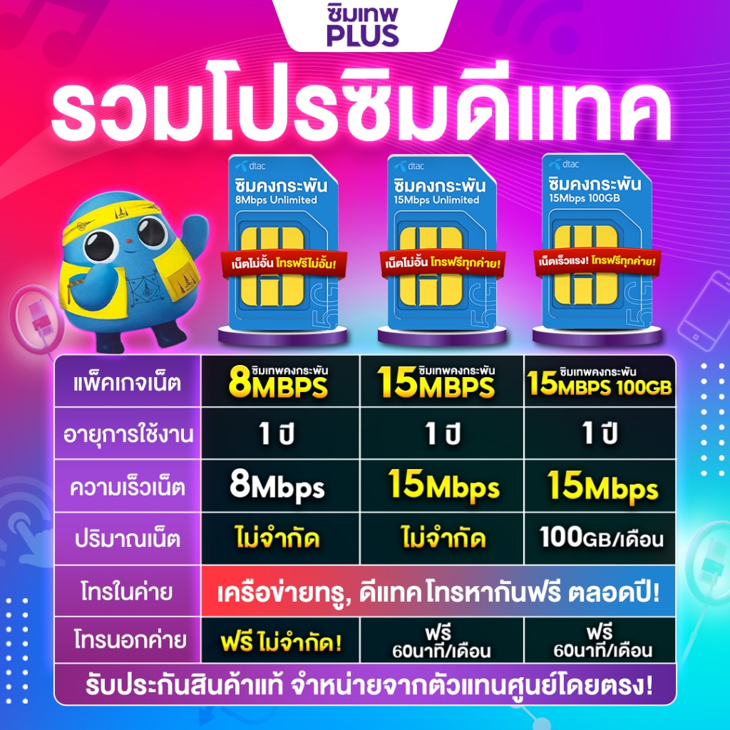 ซิมคงกระพัน ซิมเทพดีแทค Dtac ซิมเน็ตไม่อั้น ซิมโทรฟรีทุกเครือข่าย ซิมโทรศัพท์ เน็ตไม่อั้น 8Mbps  15Mbps 100GBซิมเทพพลัส