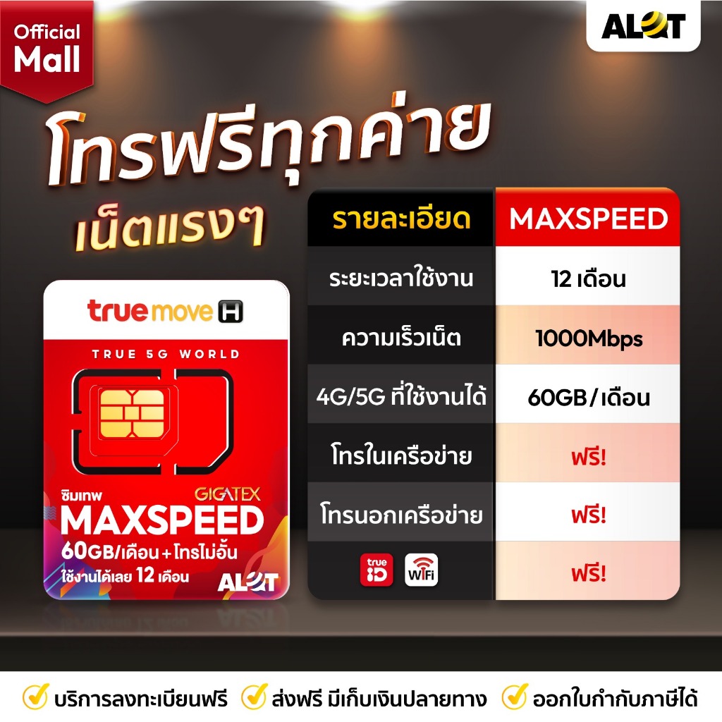  ส่งฟรี  เลือกเบอร์ ชุด2 TRUE  ซิมเทพ maxspeed ซิมเน็ต 60gb ต่อเดือน สูงสุด 300Mbps ซิมทรู เน็ต max speed Alot Mall