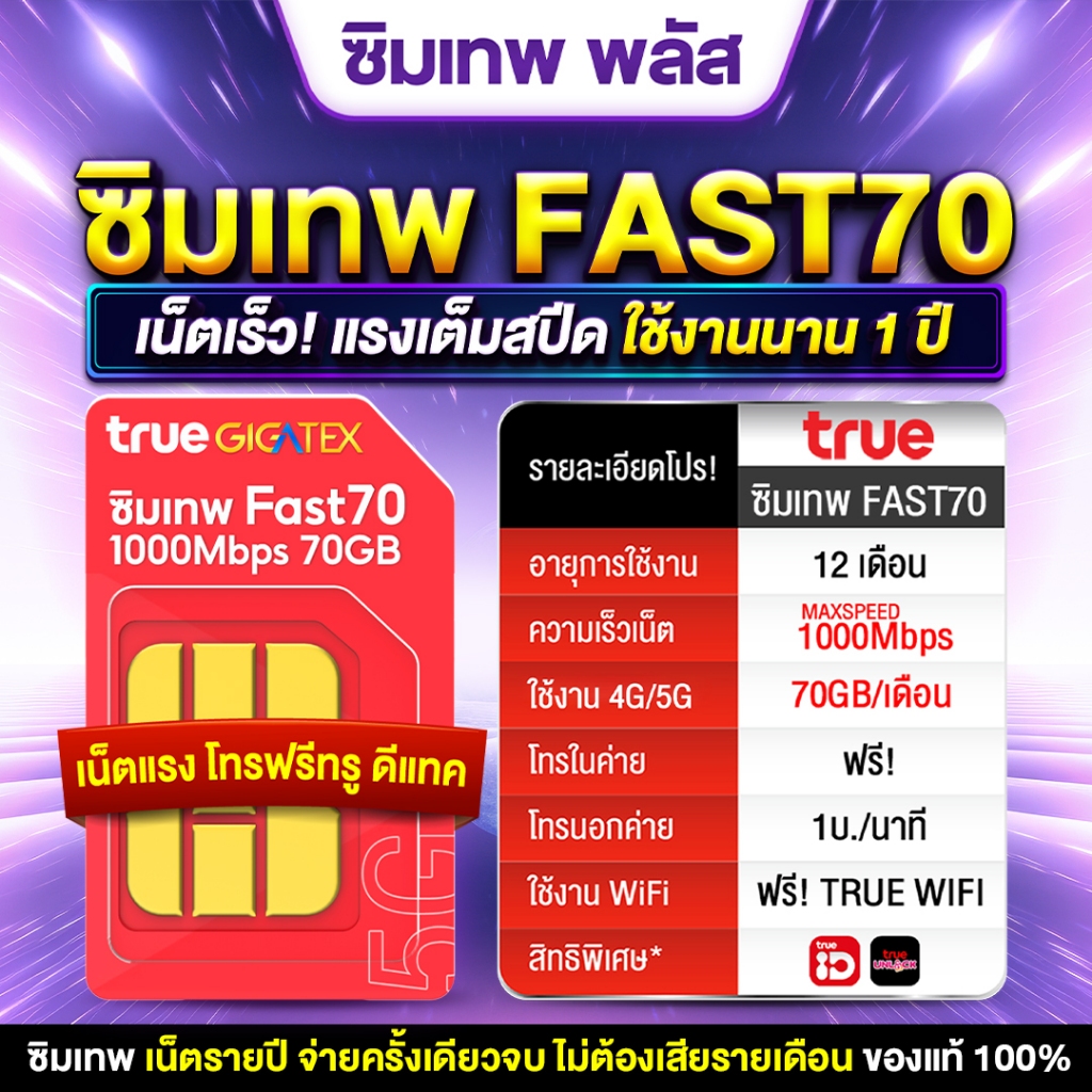 ซิมเทพทรู Fast70 โทรฟรีในเครือข่ายทรู เน็ตเต็มสปีด 1000Mbps รับเน็ต 70GBเดือน ซิมเทพพลัส