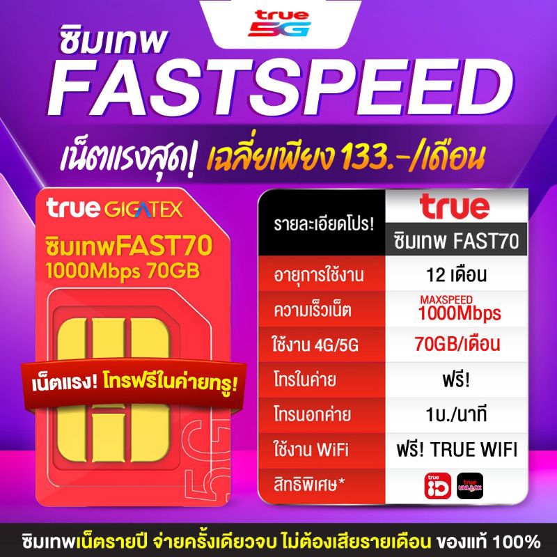 ซิมเน็ตรายปี True 5G ซิมเทพ ทรู FAST 70 1Gbps เน็ตเต็มสปีด 70GB ต่อเดือน โทรฟรีทรู เลือกเบอร์ได้