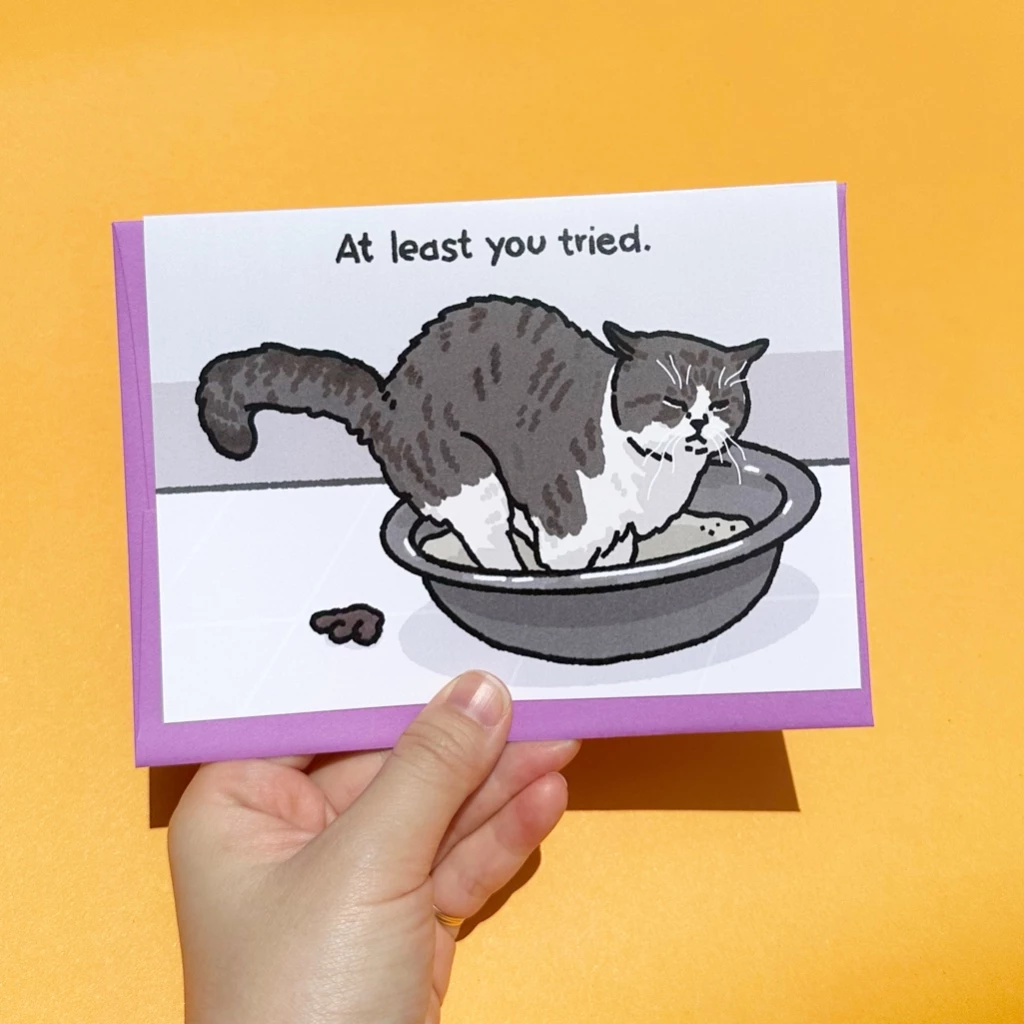 การ์ด At Least You Tried การ์ดปลอบใจ ให้กำลังใจ ลายแมวอึ การ์ลายตลก | Funny cat meme Encouragement sorry greeting card — ของมงคลหมวดไลฟ์สไตล์และของขวัญ