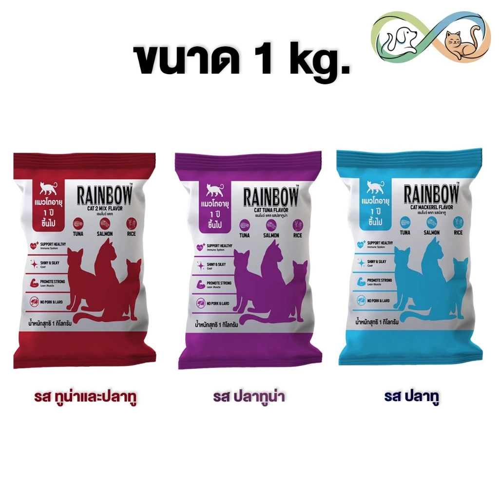 Rainbow cat เรนโบว์ แคท อาหารแมว รสปลาทู ทูน่า และ 2mix ขนาด 1 kg