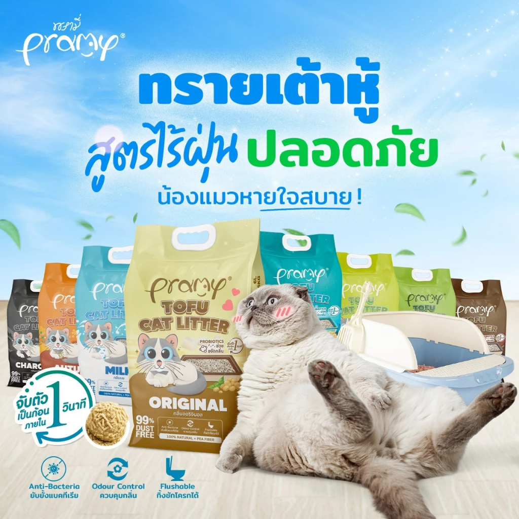 Pramy ทรายแมวเต้าหู้ สูตรไร้ฝุ่น จับตัวเป็นก้อนเร็ว จากใยถั่วเหลืองธรรมชาติ มีให