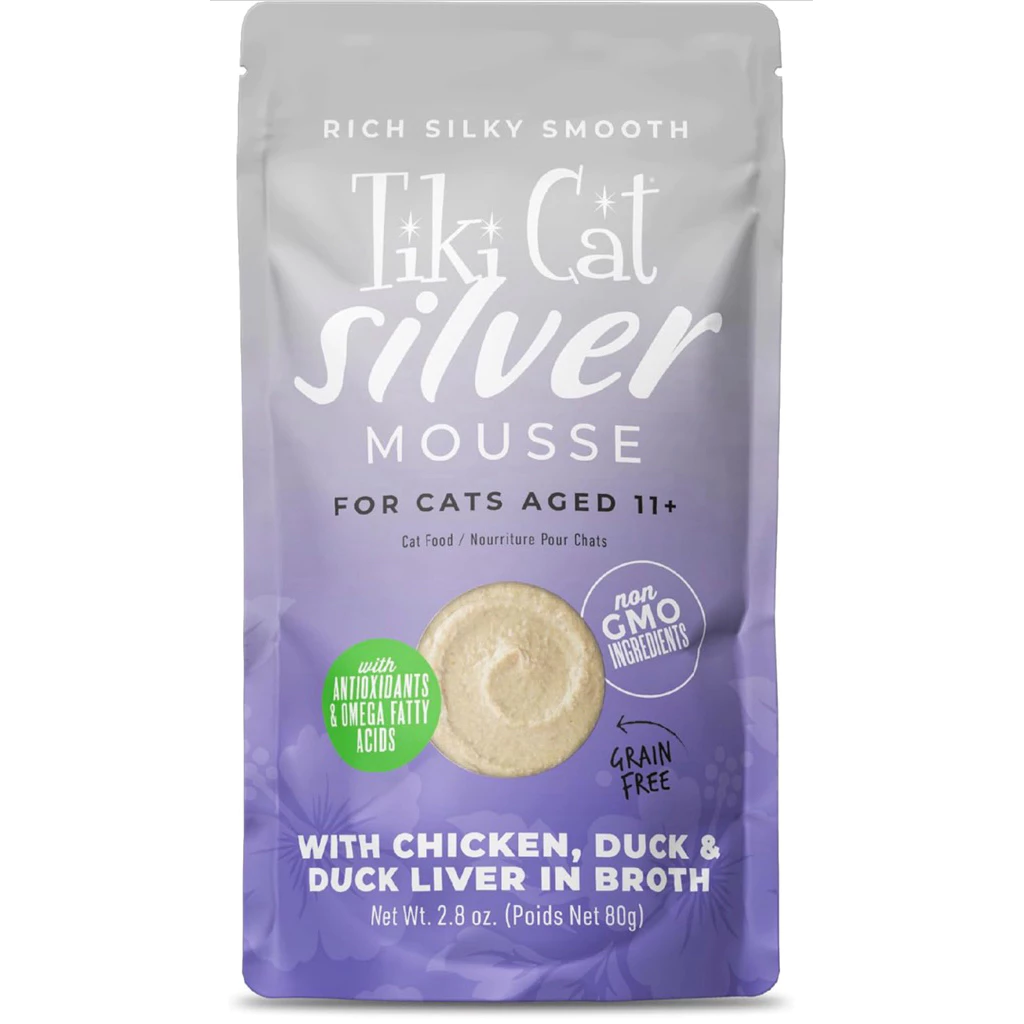 📦 1 แพ็ค 12 ซอง(80 G) อหแมวสูงวัยเนื้อมูส สูตรไก่เป็ดตับเป็ด ในน้ำซุป Tiki Cat® Silver™ Mousse Wet Cat Food, 🐓🦆🦆