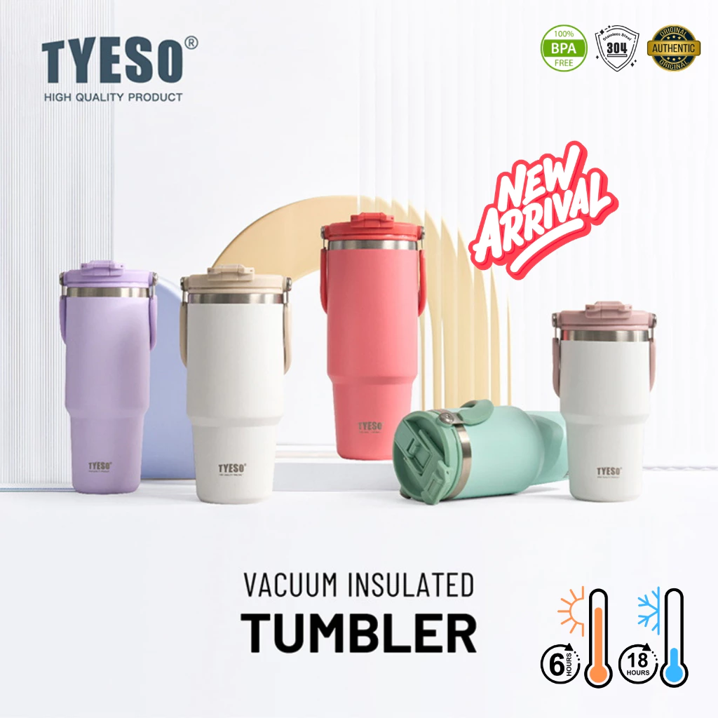 TYESO รุ่นใหม่ แก้วน้ำรุ่นหูหิ้ว 2 หัวดื่ม เก็บร้อน & เย็น 600ml-1200ml SUS304 9 สี พกพาง่าย ไม่รั่วซึม
