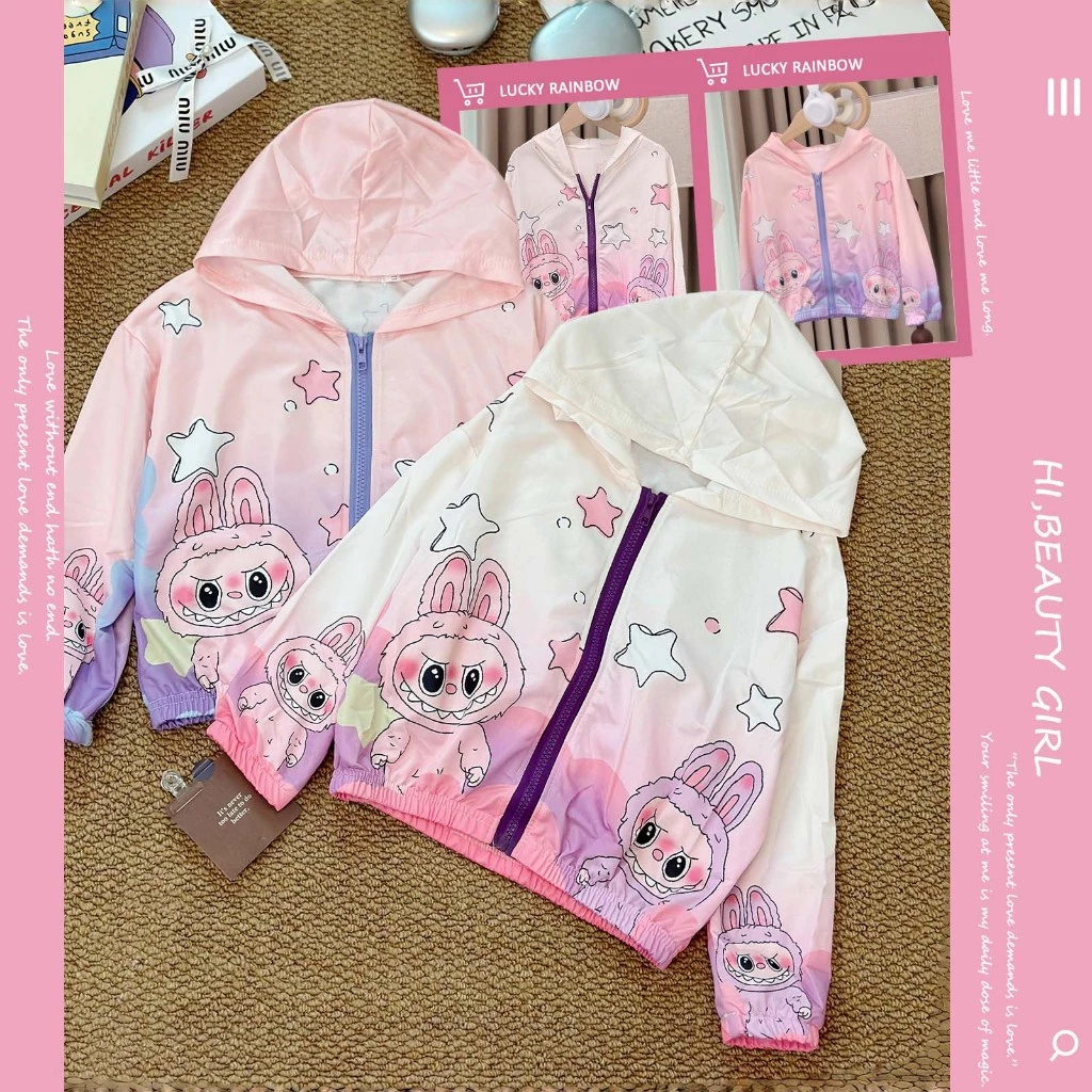Lucky Rainbow เสื้อแขนยาวแจ็กเก็ตลูกสาว มีฮู้ด ลายลาบูบู้ เสื้อคลุมเด็กน่ารัก สไตล์เกาหลี เสื้อกันยูวีเด็ก พร้อมจัดส่งด่วน