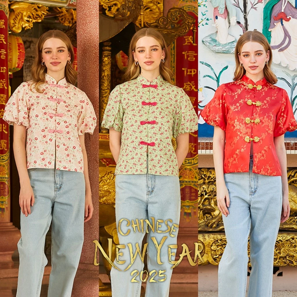 PIMNATTA Botun Top เสื้อตรุษจีนแขนตุ๊กตา กระดุมกุ๊น ลายดอกไม้มินิ สีมงคล — ของมงคลหมวดสีมงคล