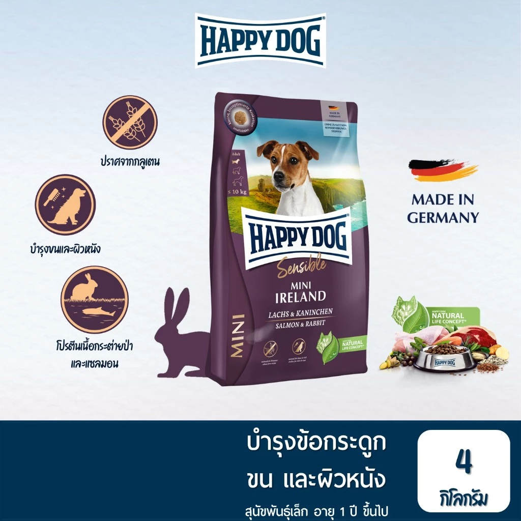 HAPPY DOG Mini Ireland อาหารสุนัขโตพันธุ์เล็ก สูตรเนื้อกระต่ายป่าและปลาแซลมอน 4 Kg แพ้ง่าย พรีเมี่ยม