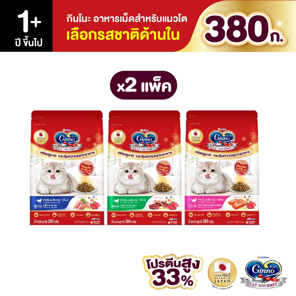 [เลือกรสชาติได้] Unicharm Ginno Cat Dry Food กินโนะ อาหารเม็ดแมวแบบแห้ง สำหรับแมวอายุ 1 ปีขึ้นไป 380 กรัม (2 แพ็ค)